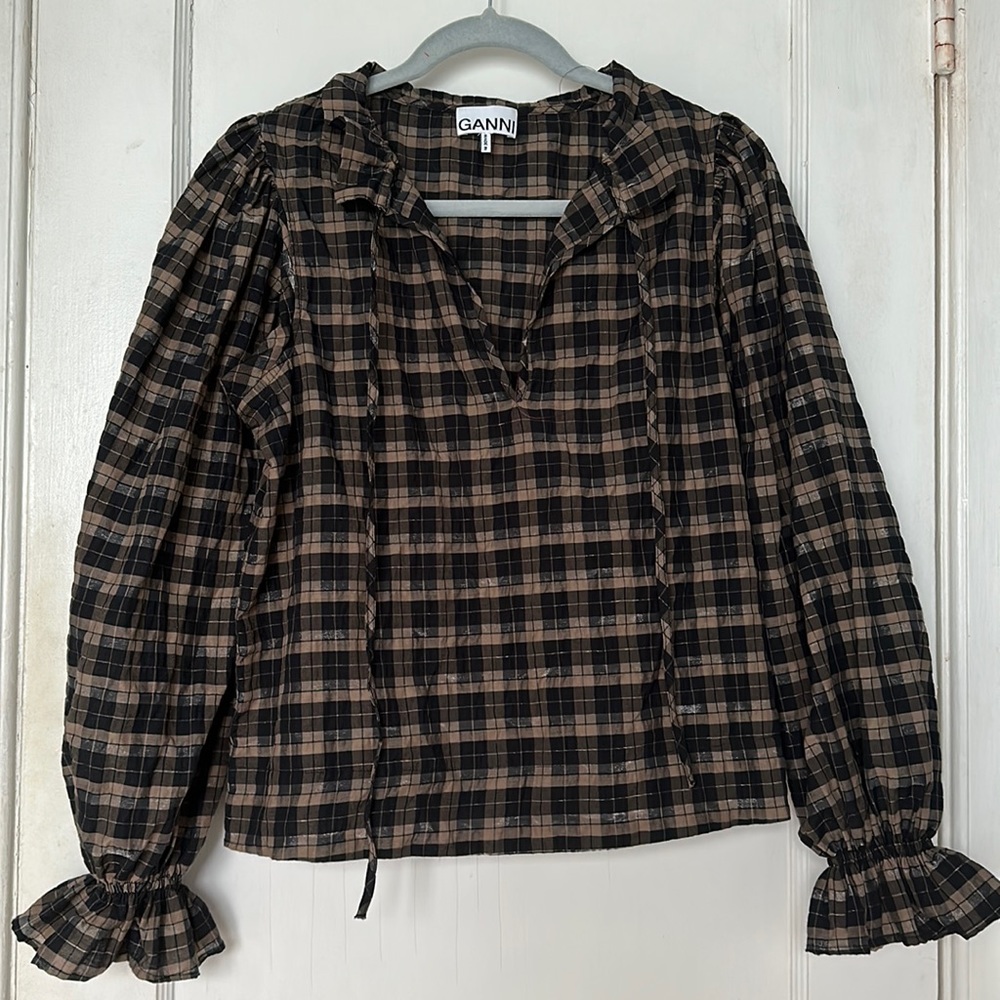 Black and Brown Gingham Plaid Ganni Puff Sleeve Blouse